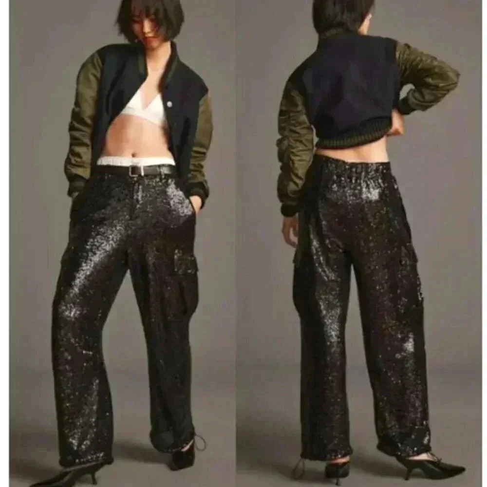 NWT Anthropologie Black Sequin Cargo Pull on Trouser Party Event Pants Size 16